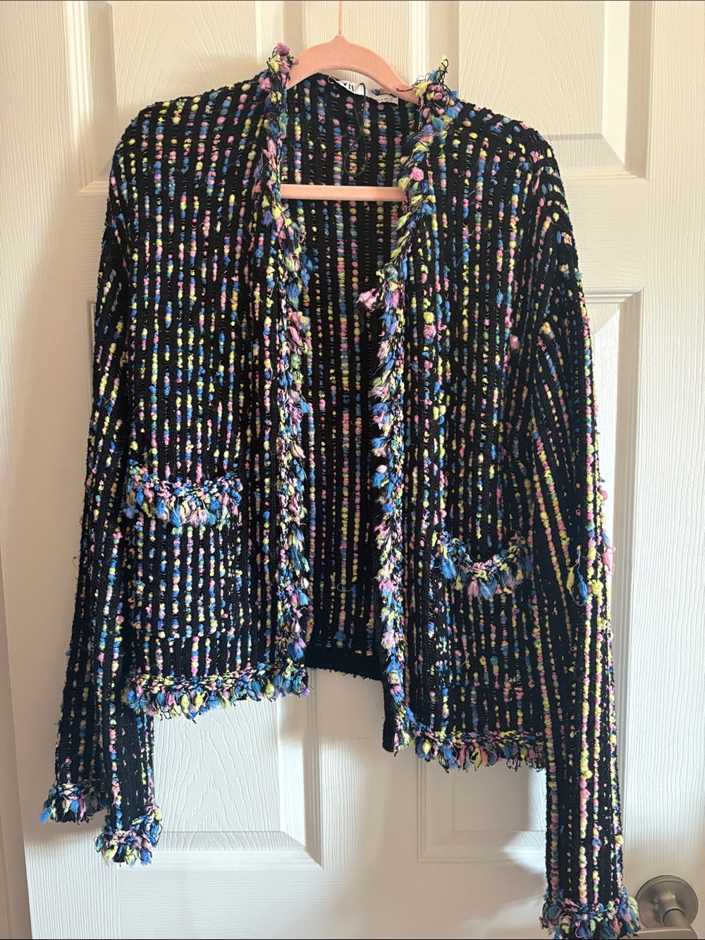 Zara Black Bouclé Jacket with Multicolor Speckled Trim